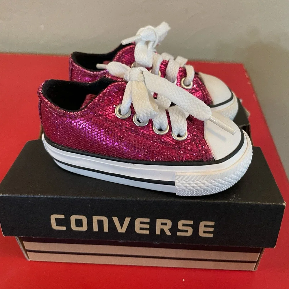 Converse All Star Chuck Taylor Bright Pink Sparkle Infant Shoes‎ Laces Glitter